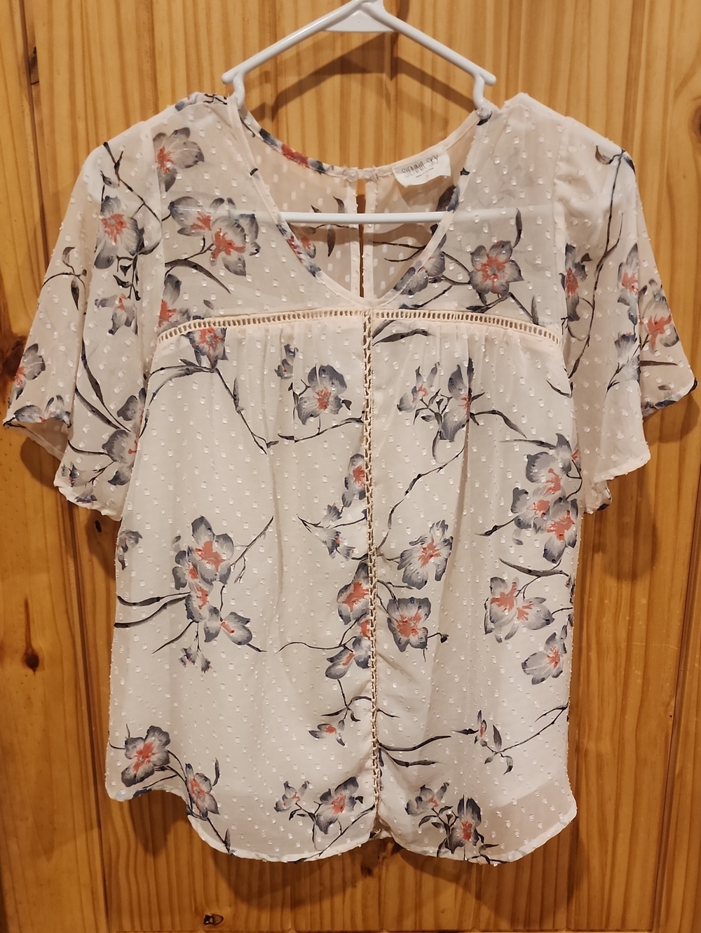 Sienna Sky Light Pink Floral Swiss Dot V-Neck Blouse with Gray & Coral Accents